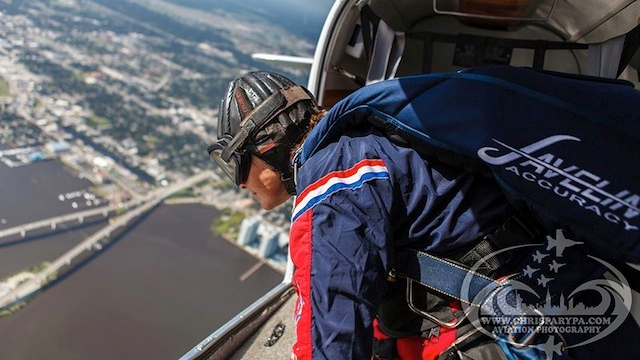 Cheryl Stearns pauses before exiting plane in Javelin Accuracy Sun Path rig